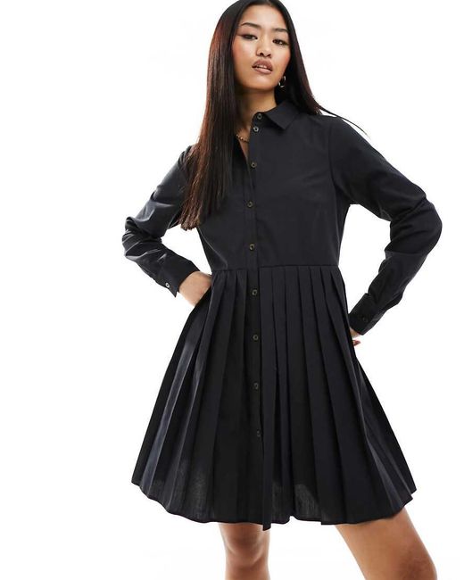 Miss Selfridge Black Poplin Pleated Shirt Dress