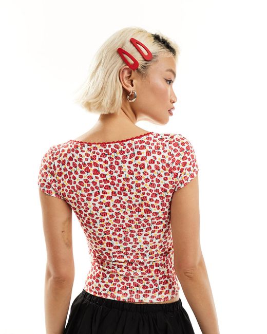 Motel Red Strawberry Print Bow Detail Top