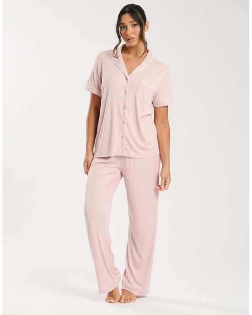Loungeable Pink Super Soft Jersey Rib Traditional Short Sleeve Long Pyjamas