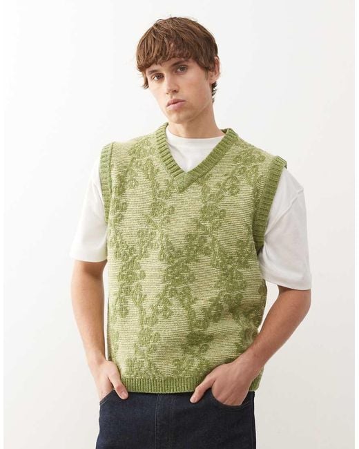 Reclaimed Vintage Green Oversized Knitted Tank With Tapestry Print for men