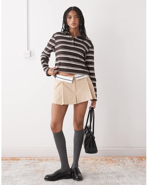 Monki Natural Fold Over Waistband Pleated Mini Skirt
