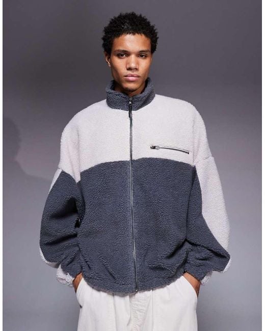 ASOS Oversized Borg Sweatshirt Met Opstaande Boord En Rits in het Blue voor heren