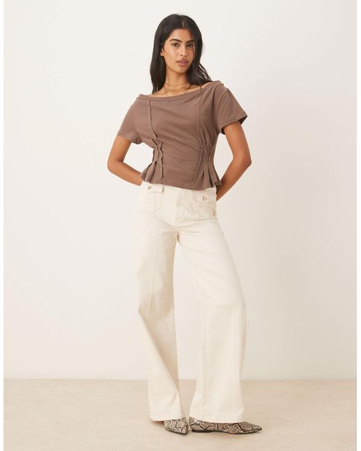 ASOS Brown Off Shoulder Cinched Waist Detail Tee - Chocolate