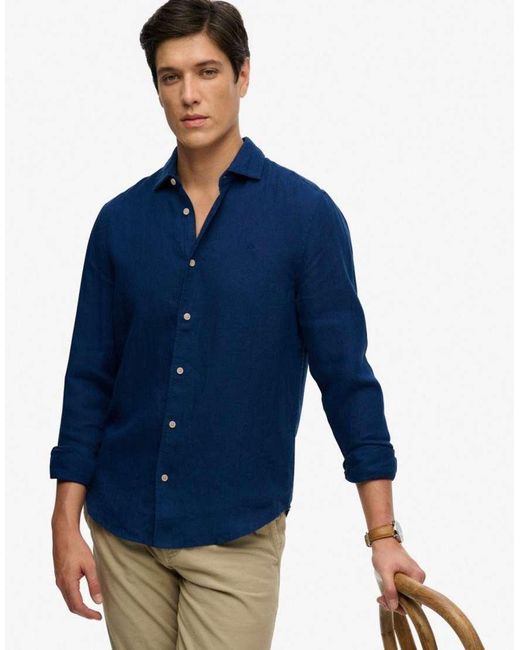 Superdry Blue Riviera Long Sleeve Linen Shirt for men