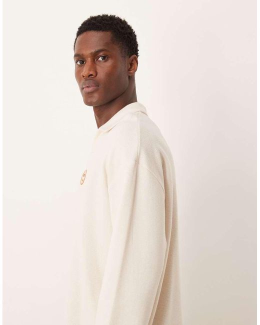 ASOS Natural Heavyweight Waffle Oversized Long Sleeve T-shirt With Embroidered Smile for men
