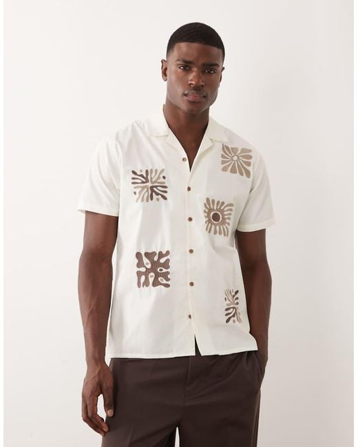 Threadbare Natural Short Sleeve Shirt With Coral Embroidery Detail for men