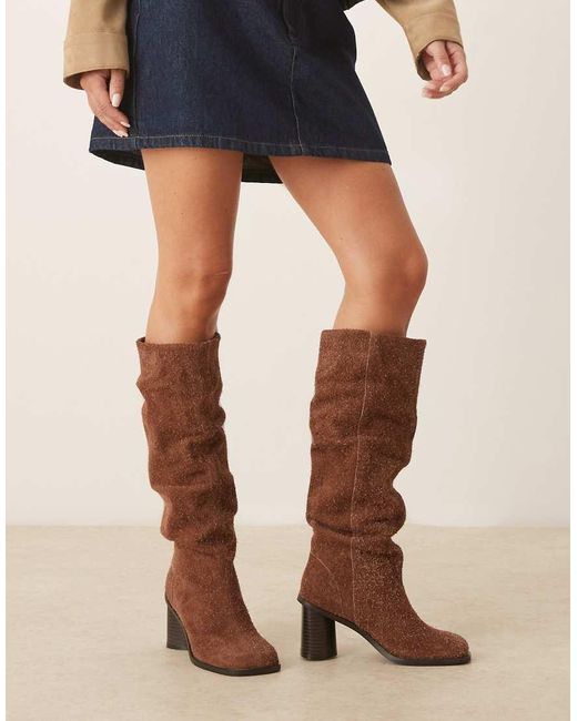 ASOS Natural Carolina Leather Slouchy Heeled Knee Boots
