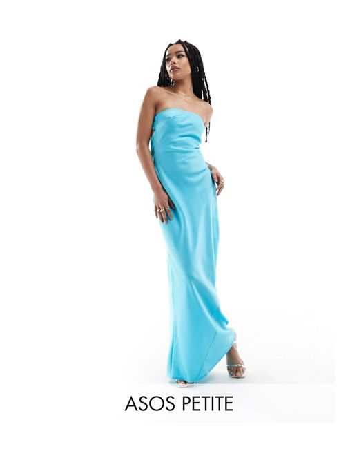 ASOS Blue Asos Design Petite Satin Bandeau Bias Maxi Dress With Tie Back