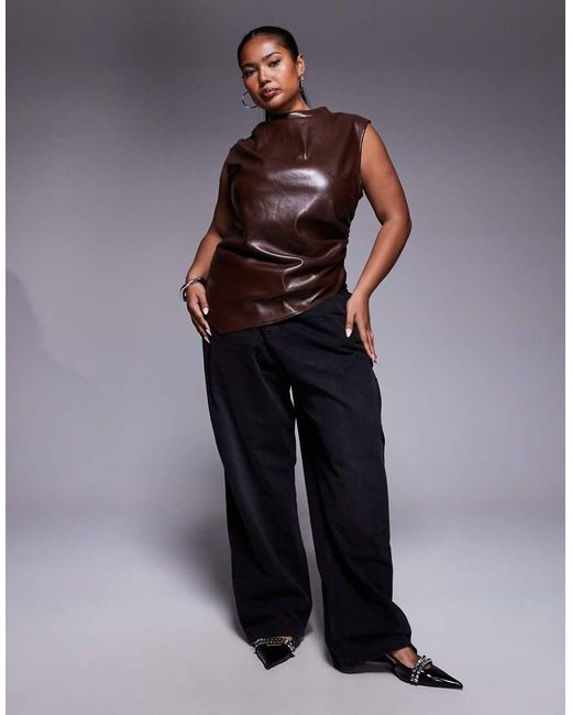 ASOS Brown Asos Design Curve Leather Look Drape High Neck Asymmetric Smart Top