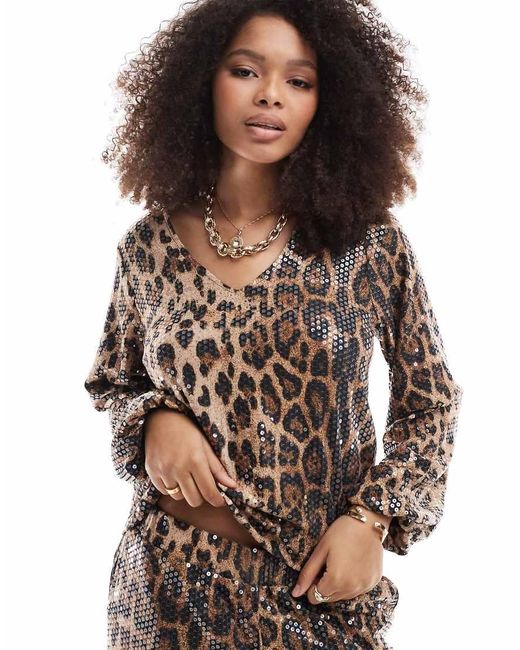 Threadbare Brown Leopard Print Tie Front Sequin Long Sleeve Top