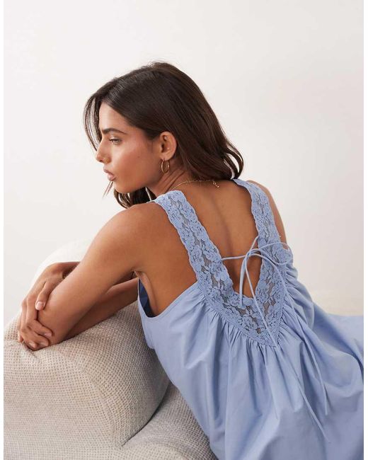 ASOS Blue V Neck Smock Poplin Mini Sundress With Lace Overlay
