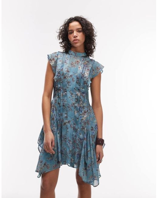 AllSaints Blue Fleur Floral Ruffle Mini Dress