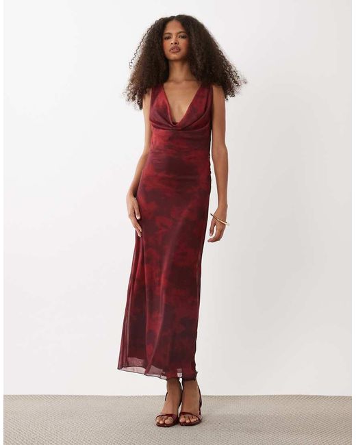 Mango Red Cowl Neck Mesh Maxi Dress