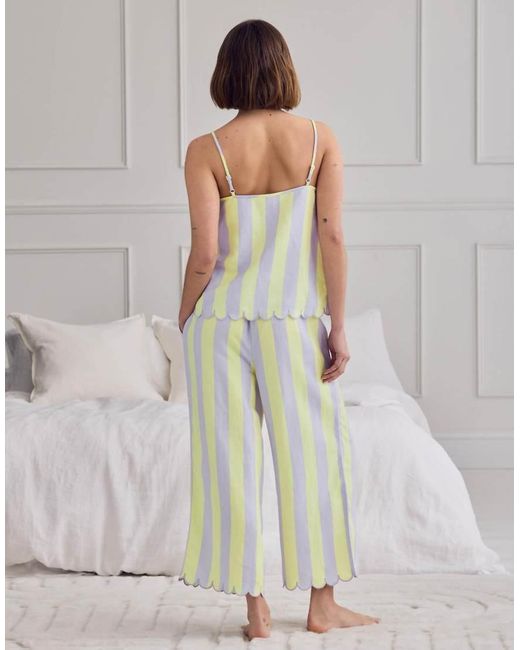 Chelsea Peers Gray Linen Blend Scallop Edge Stripe Long Pyjama Set
