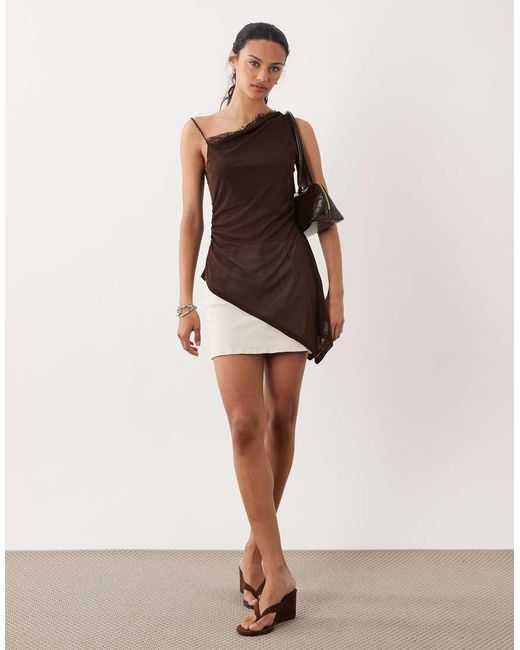 ASOS Natural Mesh Asymmetric Longline Cami With Lace Trim