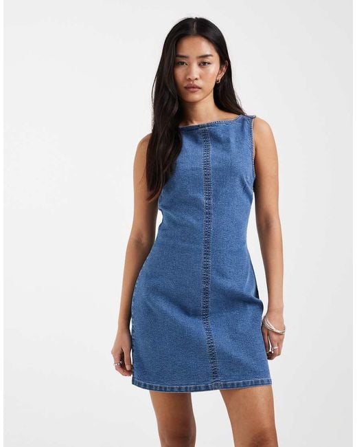 ASOS Blue Denim Slash Neck Bodycon Mini Dress