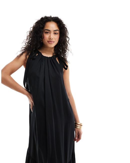 & Other Stories Black Tiered Hem Maxi Dress With Gathered Tie Neck Detail And Keyhole Back