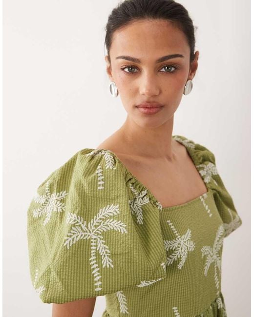 New Look Green Palm Print Puff Sleeve Seersucker Midi Dress