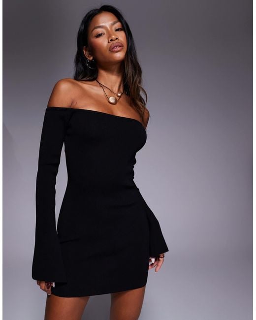 Princess Polly Blue Parisa Bardot Fine Knit Flare Sleeve Mini Dress