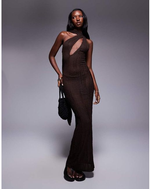 Public Desire Blue Textured Scarf Detail Cut Out Maxi Dress Chocolate