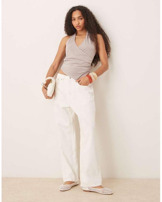 Mango White Asymmetric Halter Neck Top With Ruched Cinch Waist Detail