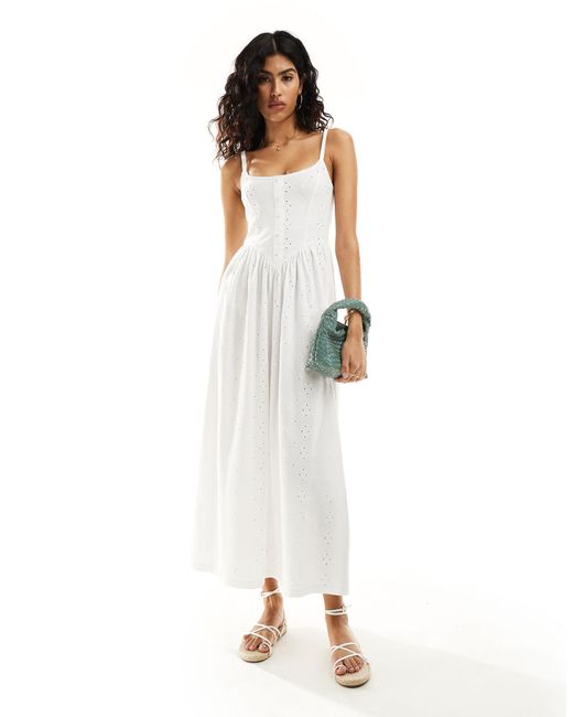 ASOS White Cami With Button Front Princess Seam With Full Skirt Broderie Midi Dress
