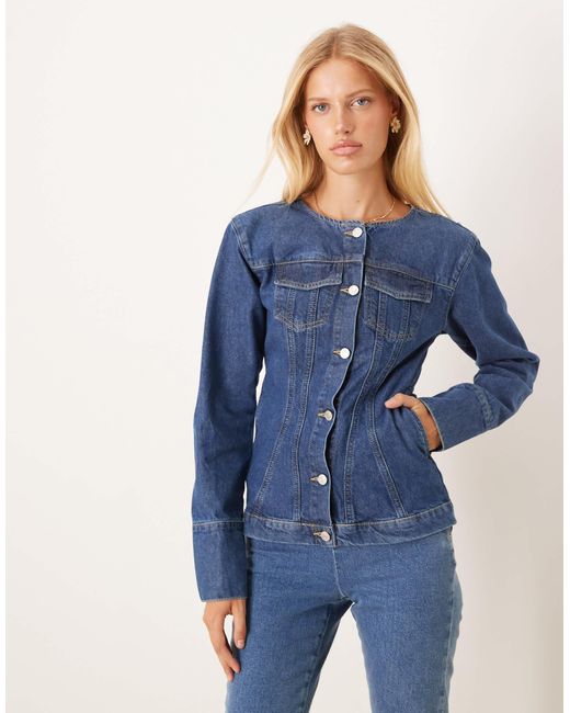 ASOS Blue Longline Collarless Denim Jacket With Cinched Waist