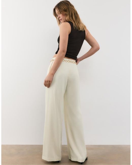 Stradivarius Natural Petite Satin Trousers With Darts And Chain
