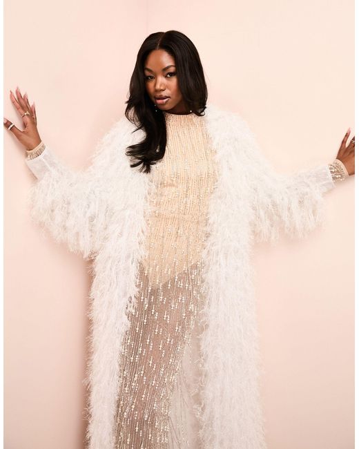 ASOS Natural Faux Feather Longline Duster Coat