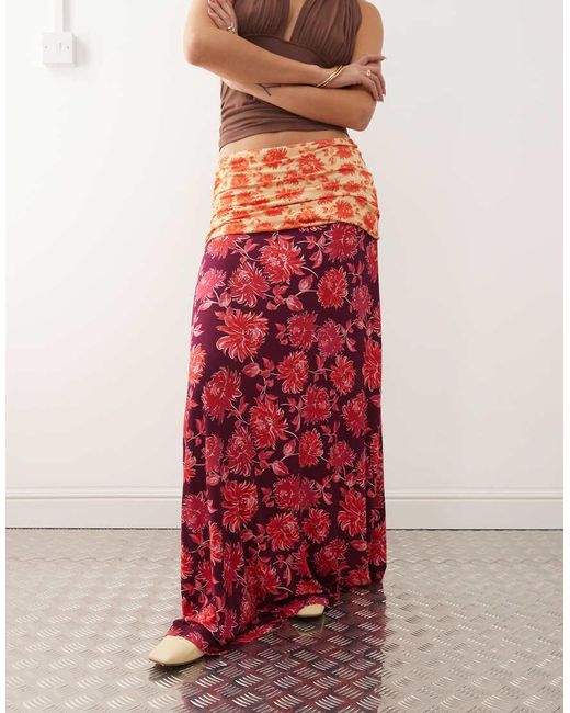 Susmie's Red Flora Roll Over Midaxi Skirt