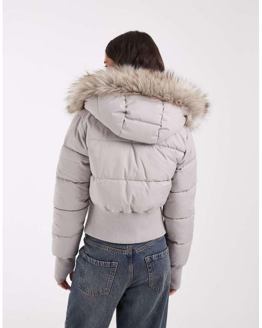 Hollister Gray Cropped Nylon Puffer Jacket With Faux Fur Hood