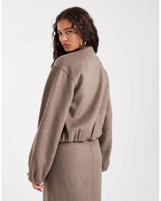 4th & Reckless Brown Wool Blend Soft Tailored Collarless Balloon Sleeve Bomber Jacket Co-ord