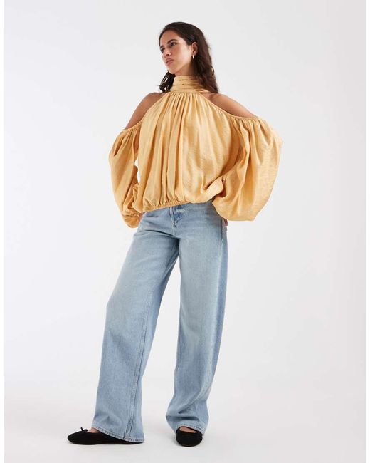 ASOS Natural Halterneck Cold Shoulder Volume Blouse