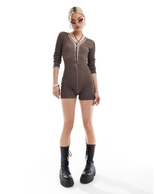 Collusion Brown Washed Long Sleeve Romper