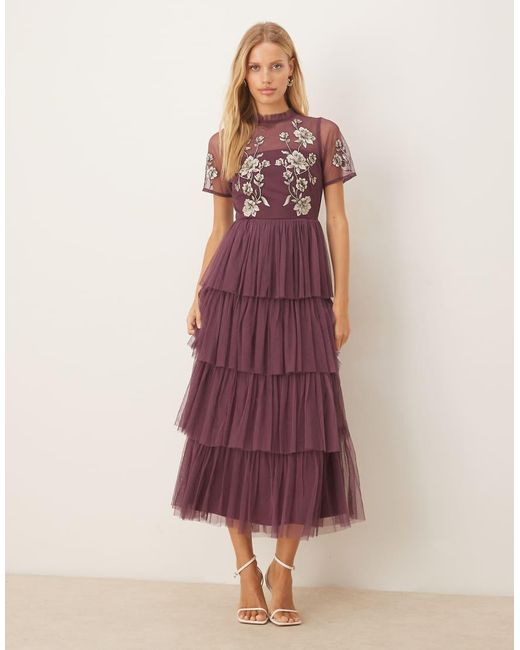 Maya Purple Embroidered Tiered Midaxi Dress