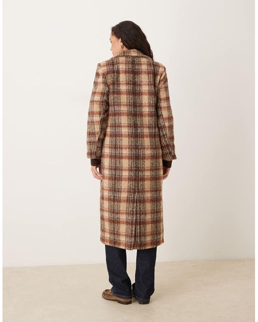 Brave Soul Brown Double Breasted Faux Wool Maxi Check Coat