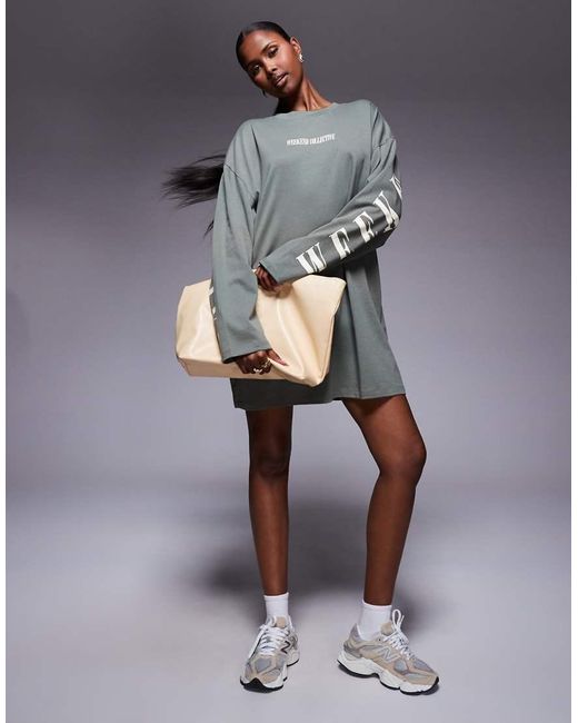 ASOS Gray Weekend Collective Oversized Long Sleeve T-shirt Dress With Back Logo