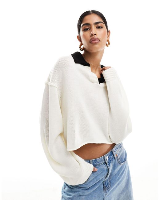 ASOS White Knitted Crop Rugby Shirt Jumper