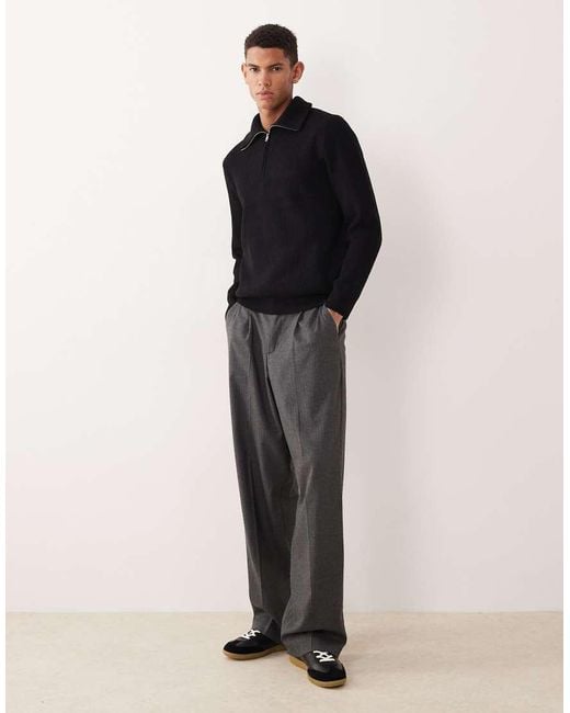 Mango Black Rib Knit Chunky Half Zip Sweater for men