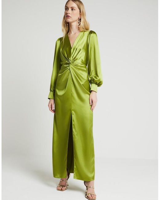 River Island Green Satin Twist Front Shift Maxi Dress