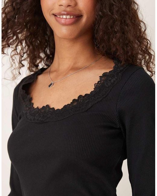 ASOS Blue Ribbed Round Neck Long Sleeve Top With Lace Trim In