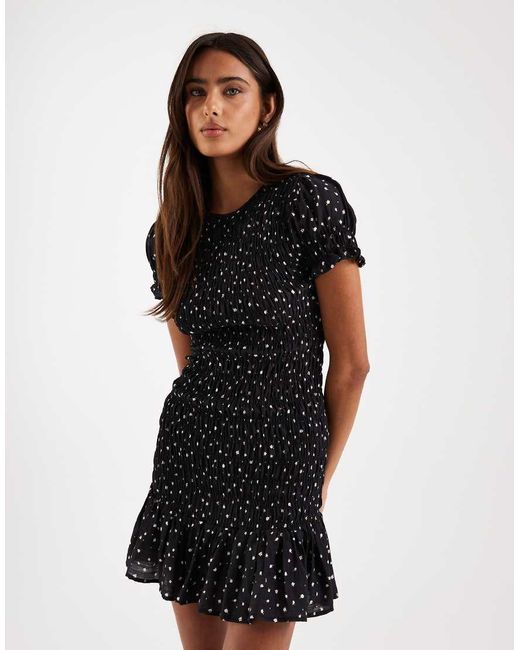 Daisy Street Black Shirred Mini Dress With Puff Ruffle Sleeves