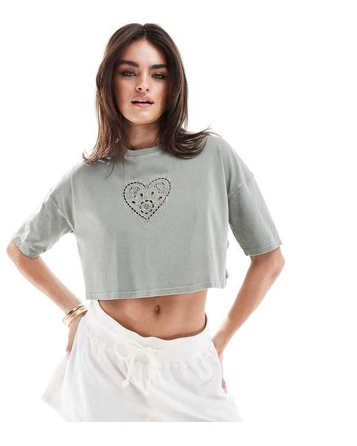 Miss Selfridge Gray Short Sleeve Cropped T-shirt With Heart Broderie Detail