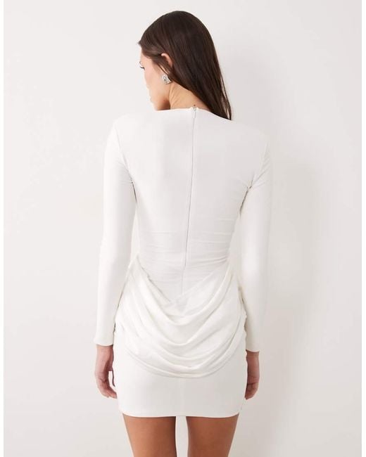 Wanderdoll White Storm Shoulder Pad Detail Long Sleeve Satin Drape Waist Mini Dress