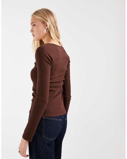 ASOS Brown Ribbed Deep Scoop Neck Ong Sleeve