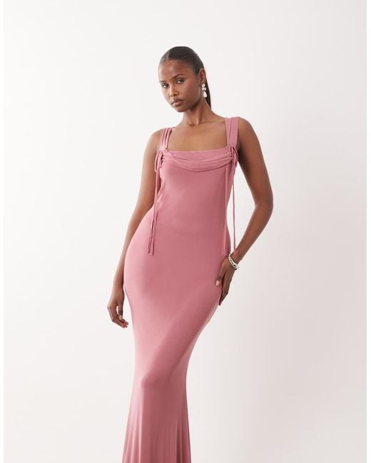 ASOS Pink Square Neck Cowl Maxi Dress With Tie Neck Detail