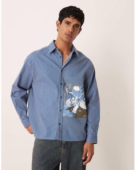 ASOS Blue Oversized Stripe Poplin Shirt With Print Detail for men