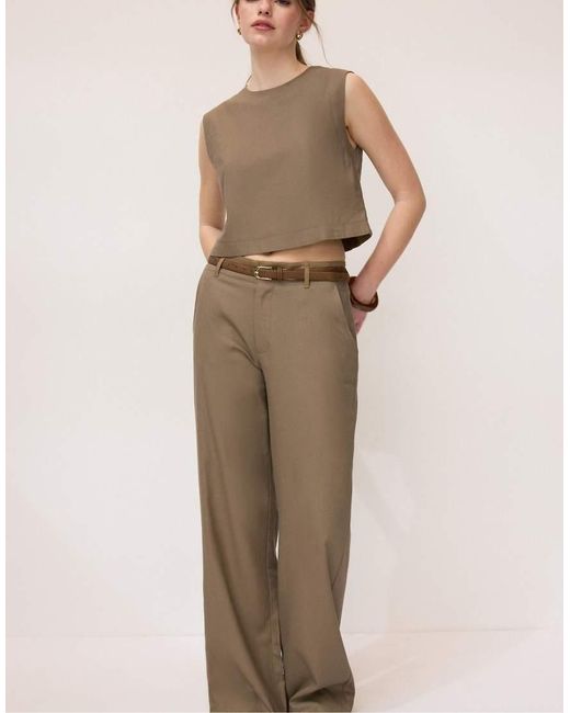 Stradivarius Brown Straight-Leg Linen Mix Trousers With Belt