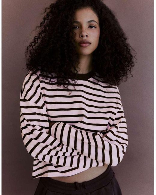 Bershka Pink Striped Boxy Long Sleeve T-Shirt