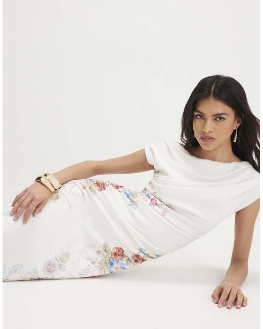 River Island White Floral Print Drape Midi Dress